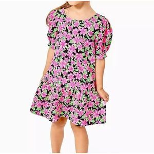 Lilly Pulitzer Girls Chrishell Dress in Onyx Floral Size LARGE 8-10  Puff Sleeve
